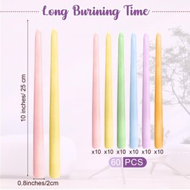 Nuanchu 60 Pcs Taper Candles 10 Inch (H) Dripless Tapered Smokeless Long Tall Unscented Dinner Candle for Household Wedding Party Home Decor Candlesticks, Long Burning (Candy Color)
