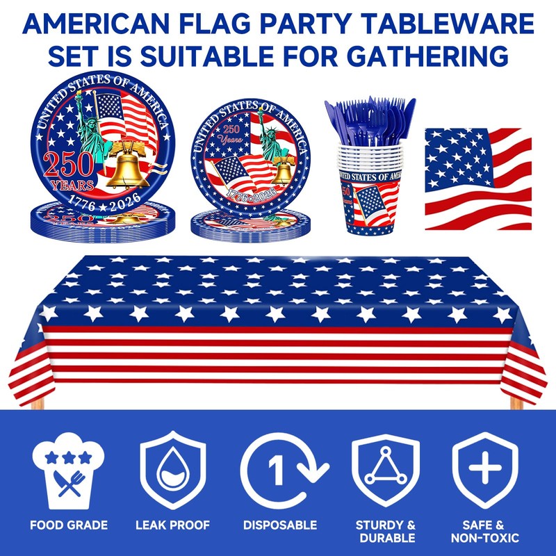 192PCS America 250 4th of July Decorations Tableware for 24