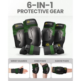 OutdoorMaster Adult Knee Pads and Elbow Pads Set - Skate Pads Set with Wrist Guards - Skating Protective Gear for Adult & Youth - Green, M - [6pcs]