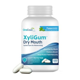 OraCoat XyliGum Dry Mouth Sugar Free Gum, 100 Piece Bottle, Peppermint Chewing Gum with Xylitol for Dry Mouth, Helps Stimulate Saliva, Breath Freshener, Supports Teeth & Gum Health