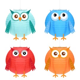 4 Pcs 10 Inch Back to School Owl Paper Lanterns DIY Kit Colorful Owl Kindergarten Preschool Classroom Ceiling Decoration for Back to School Graduation Birthday Party Decor Supplies