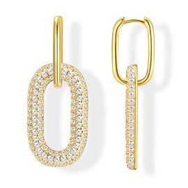 MILACOLATO Silver Double Oval Hoop Earrings for Women Hypoallergenic Link Earrings with Geometric Pendant 14K Gold Huggie Earrings Minimalist Hoop Earrings, Brass