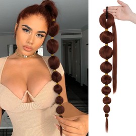 Benehair Long Bubble Ponytail Extension for Black Women Copper Red Ponytail Synthetic Hairpieces 34Inch Braided Bubble Ponytail Straight Hair Extension Afro Bubble Ponytails (120g 1pcs/pack, #350)