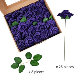 Evershine Artificial Rose Flower 25pcs Purple Realistic Foam Rose with Stem for DIY Wedding Bouquets Party Decoration