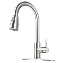 Friho Brushed Nickel Kitchen Faucet with Pull Down Sprayer, Modern Single Handle Stainless Steel Pull Out Spring Kitchen Sink Faucets with Deck Plate for Camper Rv Bar, FR2CBQYT001L-D