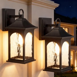 Starcurin Porch Lights Outdoor Wall Light Fixtures 12.8 Inch with Water Ripple Glass, Black Wall Sconces Set of Two,Waterproof Aluminum Outside Lights for House Front Door Garage