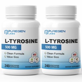 Puregen Labs L-Tyrosine 500 mg, Total - 480 Vegetable Capsules | No Harmful Additives | Brain & Nervous System Support, Non-GMO, Vegan, Gluten Free, Dairy Free - 480 Servings - Made in USA