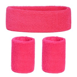 Set of 3 Sweatbands Headband Bracelets Retro Neon 80s 90s Outfit Sport Carnival Accessories, pink