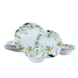 Yinshine 12-Piece Melamine Dinnerware Set, Green & White