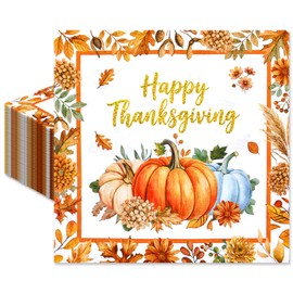 60 Pack Thanksgiving Paper Napkins – 13 x 13 Inch Disposable Happy Thanksgiving Pumpkin Napkins, Fall Harvest Party Supplies for Thanksgiving Dinner, Friendsgiving and Autumn Table Decorations