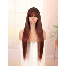 QUEENTAS 24 Inch Long Hair Wig for Women Burgundy Wigs with Bangs Synthetic Wig