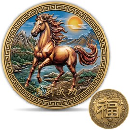 Chinese Horse Lucky Coin Feng Shui Coin for Good Luck and Success, Year of the Horse Lucky Charm with Fu Symbol, Zinc Alloy Challenge Coin with Protective Case, Lottery Ticket Scratcher Tool Gift
