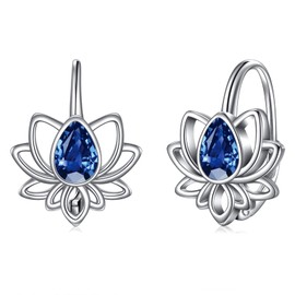 WINNICACA Lotus Leverback Earrings for Women Sterling Silver Flower Lotus Dangle Drop Earrings with Created Sapphire Lotus Jewelry Lotus Gifts