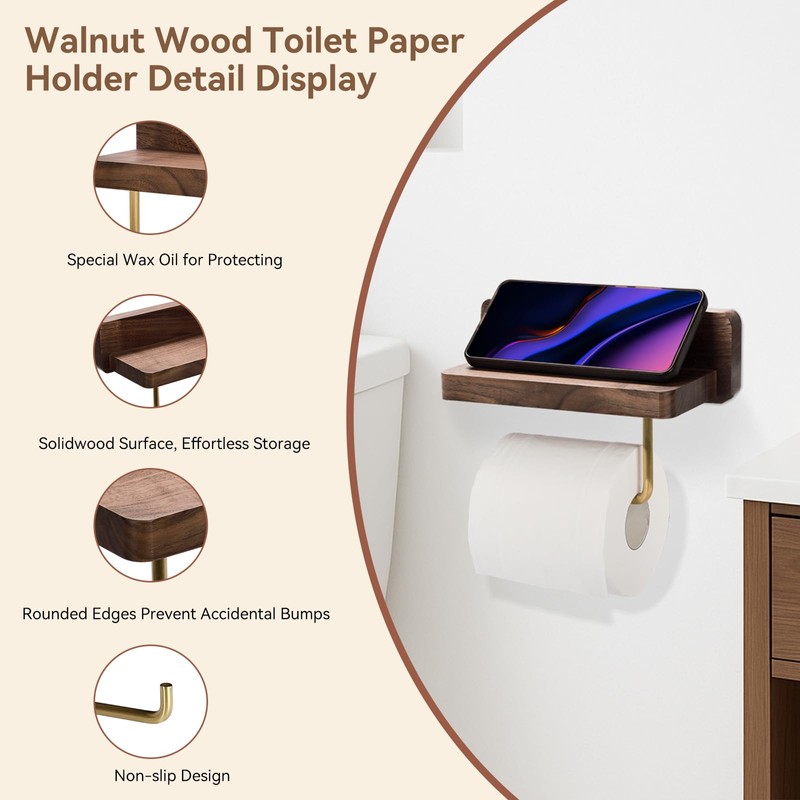Mayhas Walnut Toilet Paper Holder Wall Mount with Shelf, Wooden