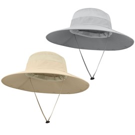 2 Pack Outdoor UV Protection Wide Brim Sun Hat,UPF50+ Fishing Hat for Men & Women with Large Neck Flap (Light Grey＆Beige)