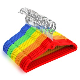 HozyFrozy Multi-Color Premium Kids Velvet Hangers with Mini Hooks, Pack of 30, Non-Slip Space Saving Cascading Clothes Hangers, Rainbow Colors, Red, Orange, Yellow, Green, Blue, 6 Units Each