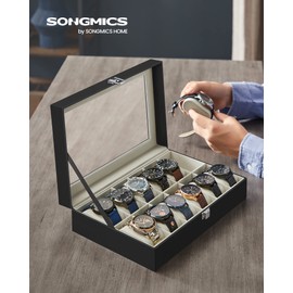 SONGMICS Watch Box, 12-Slot Watch Case Organizer with Large Glass Lid, Removable Pillows, Christmas Gift, Black Synthetic Leather, Greenish Beige Lining UJWB12BE