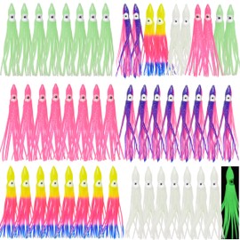 FUSIGO Fishing Squid Skirts Octopus Lures, 50pcs Glow Soft Plastic Fishing Bait Lures Trolling Lure Skirts for Bass Salmon Trout Saltwater Mix 11cm