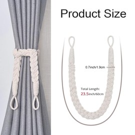 2 PCS Natural Cotton Rope Curtain Tiebacks, Curtain Tiebacks, Curtain Ties, Boho Curtain Ties, Woven Rope Curtain Holdbacks with Metal Hook for Home Hotel Office Drapery(Off-White)