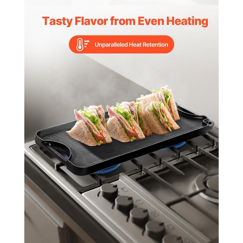 VEVOR Reversible Grill/Griddle, 20x10 inch Pre-Seasoned Cast Iron Griddle, Portable