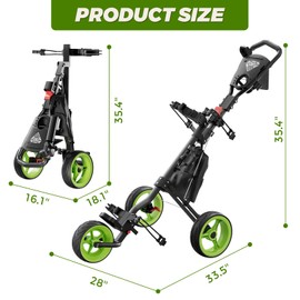 Alllion Golf Push Cart 3 Wheel, Golf Cart Foldable, Multiple Functions Golf Bag Cart for All Ages with Adjustable Handle - Lightweight & Easy Fold Design for Easy Transportation - 12lbs - Green