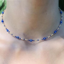 Xduargs Boho Seed Beads Choker Necklace Blue Rice Bead Strand Necklace Vintage Evil Eye Bead Necklace Adjustable Beaded Chain Necklace Jewelry for Women