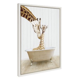 Kate and Laurel Kate and Laurel Sylvie Mother and Baby Giraffe Farmhouse Bath Framed Canvas Wall Art by Amy Peterson Art Studio, 18x24 Natural, Adorable Animal Art, Wall Dcor