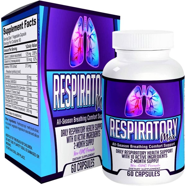 Respiratory-MAX (2-Month Supply) Respiratory Supplements (10-in-1 Formula) Lung Health Cleanse Detox - Respiratory Support Supplement - Easy to Swallow - 60 Capsules