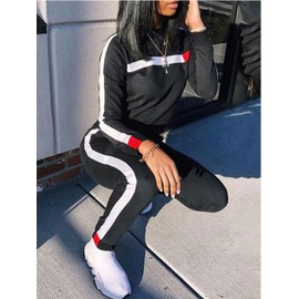 KANSOON Sudadera de dos piezas con cuello redondo y pantalones largos ajustados a rayas para mujer, Negro, XXL
