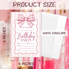 Eronm Pink Bow Birthday Party Invitations- 20 Pack Girls Birthday Invite with Envelopes- Cute Birthday Party Invitation Cards for Kids- Party Decorations Supplies (4''x6'')-A02