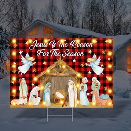 Beeveer Jesus is The Reason for The Season Sign with LED Lights Religious Nativity Scene Christmas Outdoor Decorations 16 x 24 in Buffalo Plaid Christmas Yard Lawn Sign with Stake