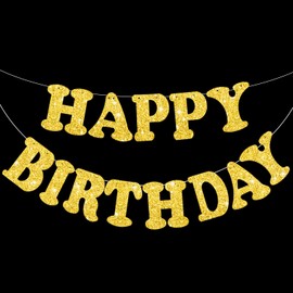 Gold Happy Birthday Banner - NO DIY - Gold Glitter Birthday Party Banner - Pre-Strung - Gold Birthday Garland Ready to Use Gold Birthday Party Decorations & Decor