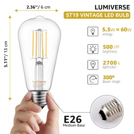 ST19 Dimmable LED Edison Bulb, 5.5W (60W Equivalent) 500LM, CRI 95+, 2700K Soft White, E26 Medium Base, Vintage Filament, Clear Glass, Standard Type A Lamp for Kitchen, Bathroom, Bedroom, 4 Pack