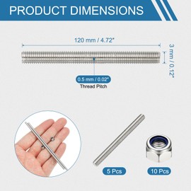 PATIKIL 5 Pcs Fully Threaded Rod, M3 x 120mm 304 Stainless Steel Right Hand Long Thread Bar Studs with Nuts for Pipes Clamps Hangers U-Bolts