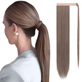 Sofeiyan Long Straight Ponytail Extension 28 inch Wrap Around Ponytail Synthetic Hair Extensions Clip in Ponytail Hairpiece for Women, Light Brown/Ash Blonde and Pale Natural Gold-Blonde Blend