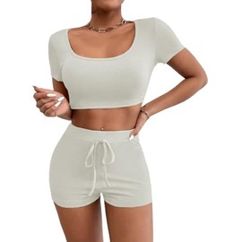 PrinStory Tracksuits Women's Casual Plain Women's Tracksuit with Square Neck Tops and Drawstring Short Women's Two-Piece Leisure Suit, wool white, XL