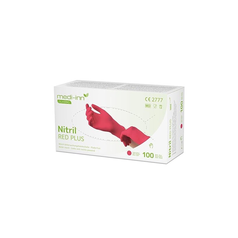 Medi-Inn Nitrile Red Plus Disposable Gloves, Powder-Free, Size M, Pack