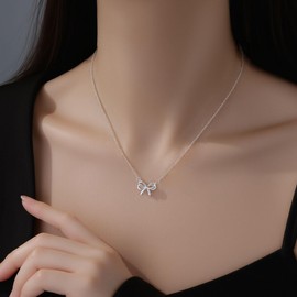 Reffeer 925 Sterling Silver Bow Necklace Pendant for Women Bowknot Necklace (A-Silver)
