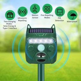 Dog Repellent for Yard, Cat Repellent Outdoor Motion Activated&Flash Light, Waterproof Squirrel Skunk Repellent Solar Ultrasonic Animal Repeller to Scare Rabbit Deer Out of Garden Farm(2Pack)