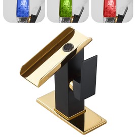 One Hole Bathroom Faucets LED Waterfall Spout Black and Gold RGB 3 Colors Light Changing Temperature Lavatory Vanity Sink Faucet Brass Single Handle Modern Washbasin Bath Tap Commercial Residential