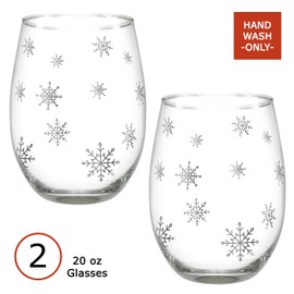 BANBERRY DESIGNS Stemless Wine Glasses - Snowflake Wine Glass - Set of 2 - Winter Holiday Glasses with Silver Snowflake Design - 20 oz Capacity