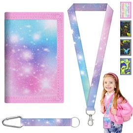AUNGCSHE Children's Purse, Youth Wallet with Lanyard, Zippered Coin Pocket Card Holder, Children Age 4-12 Trifold Wallet, Small, for Children's Birthday Gifts, Pink starry sky, Classic