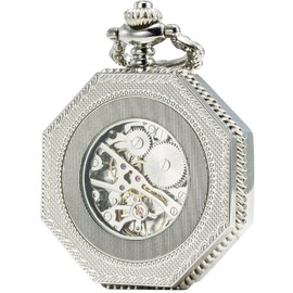 SEWOR Octagon Old School Style Hollow Arabic Numerals Mechanical Hand Winding Pocket Watch, silver, Vintage