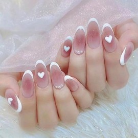 LBPEPAMZ 24Pcs Valentine's Day Press on Nails Medium Almond Fake Nails with Heart 3D Pearl Designs White French Tips Acrylic Nails False Nails Pink Gradient Silver Blush Stick on Nails for Women Girls