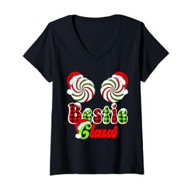 Womens Bestie Claus Couples Peppermint Candy Cane Christmas Plaid V-Neck T-Shirt