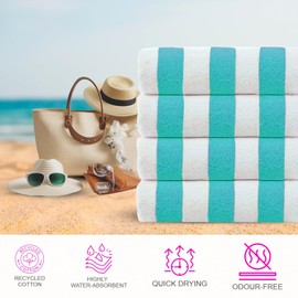 CASA COPENHAGEN Cabana Beach Designed in Denmark Rough and Tough, Quick Dry, Pool, Bath & Shower 30x60 inches 4 Pieces Cotton Beach Bath Towels Set - Turquoise