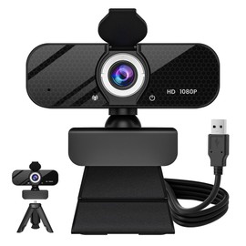 GOZVRPU 1080P HD Webcam with Built-in Microphone, Rotatable Tripod, Wide-Angle Lens,Privacy Cover, Auto Light Correction, Plug & Play USB-A Webcam for Laptop, Desktop, PC, Streaming-Black