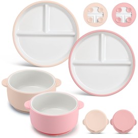 Domensi 4 Pcs Porcelain Kids Plates and Bowls Sets with Suction, 2 Ceramic Toddler Divided Plates 2 Baby Anti Slip Silicone Sleeve Bowls for Feeding Supplies Microwave Dishwasher Safe (Pink,Beige)
