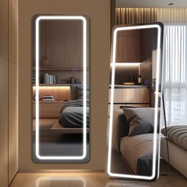 FURNIinspire FURNIinspire Floor Mirror with LED Light, 63 x 20 Full Length Mirror with Stand, Full Body Mirror for Living Room Bedroom Cloakroom, Round White