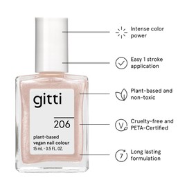 gitti Plant-based Nail Polish I Non-Toxic, 30-Free, Based On Natural Origin Ingredients, Cruelty-Free, Vegan, High Performance Colors, Glossy Finish, Shade no. 206 Pink Gleam (0.5 fl oz)